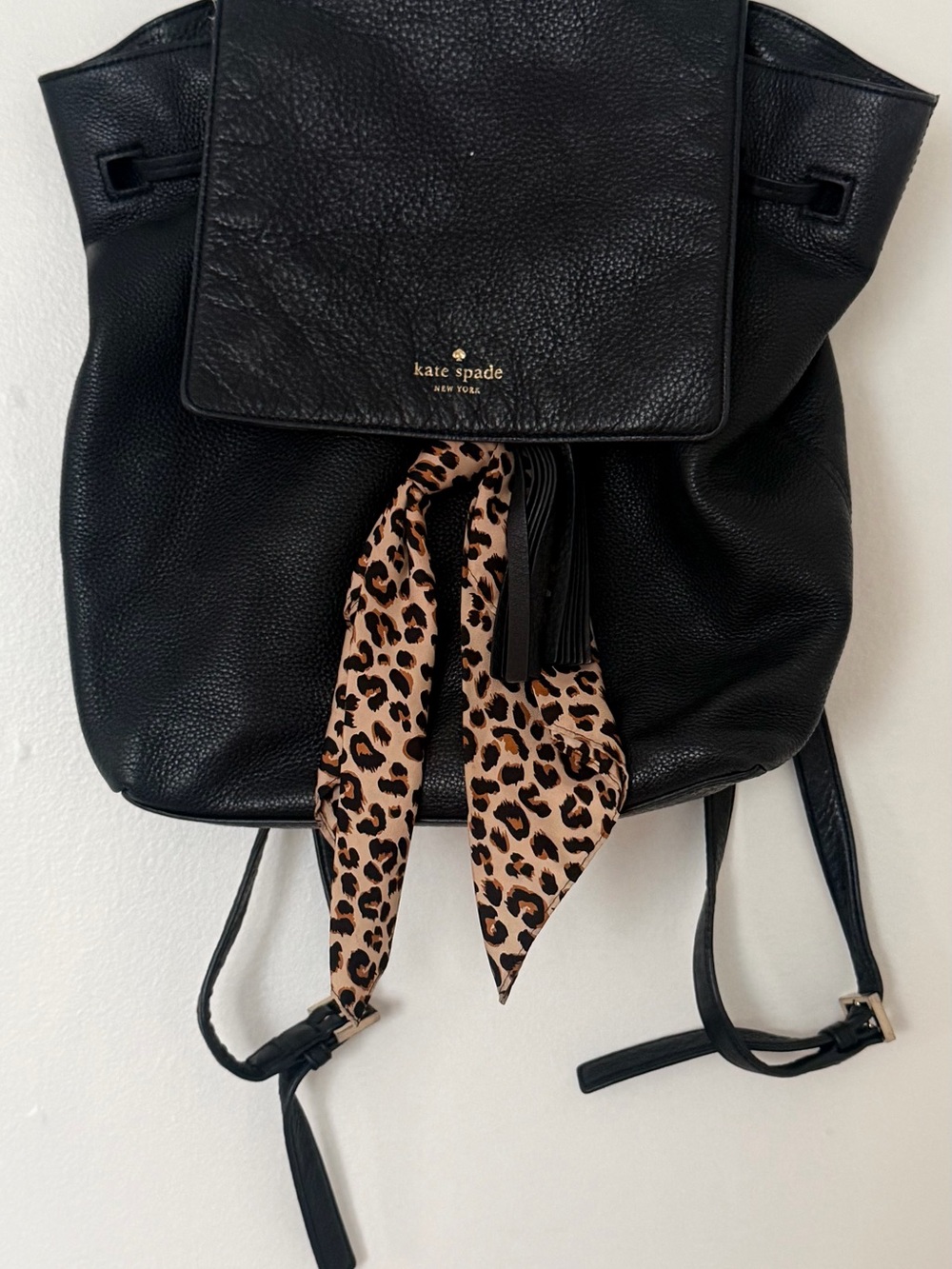 kate spade Black Leather Backpack with Leopard Scarf Accent